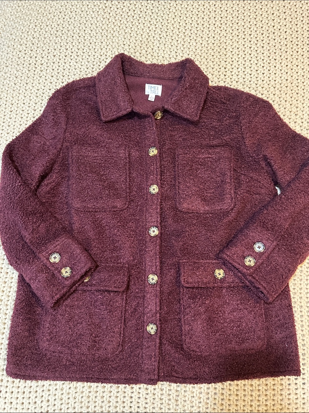 Time and Tru Women's Deep Wine Teddy/Boucle Button-Up Jacket
